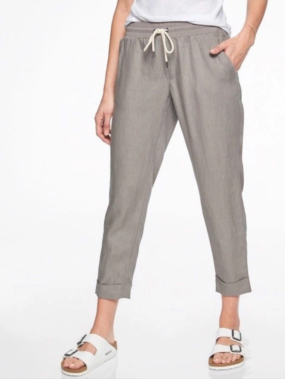 Athleta Bali Linen Cuffed Ankle Pants, 2 Petite, Gray, VGUC